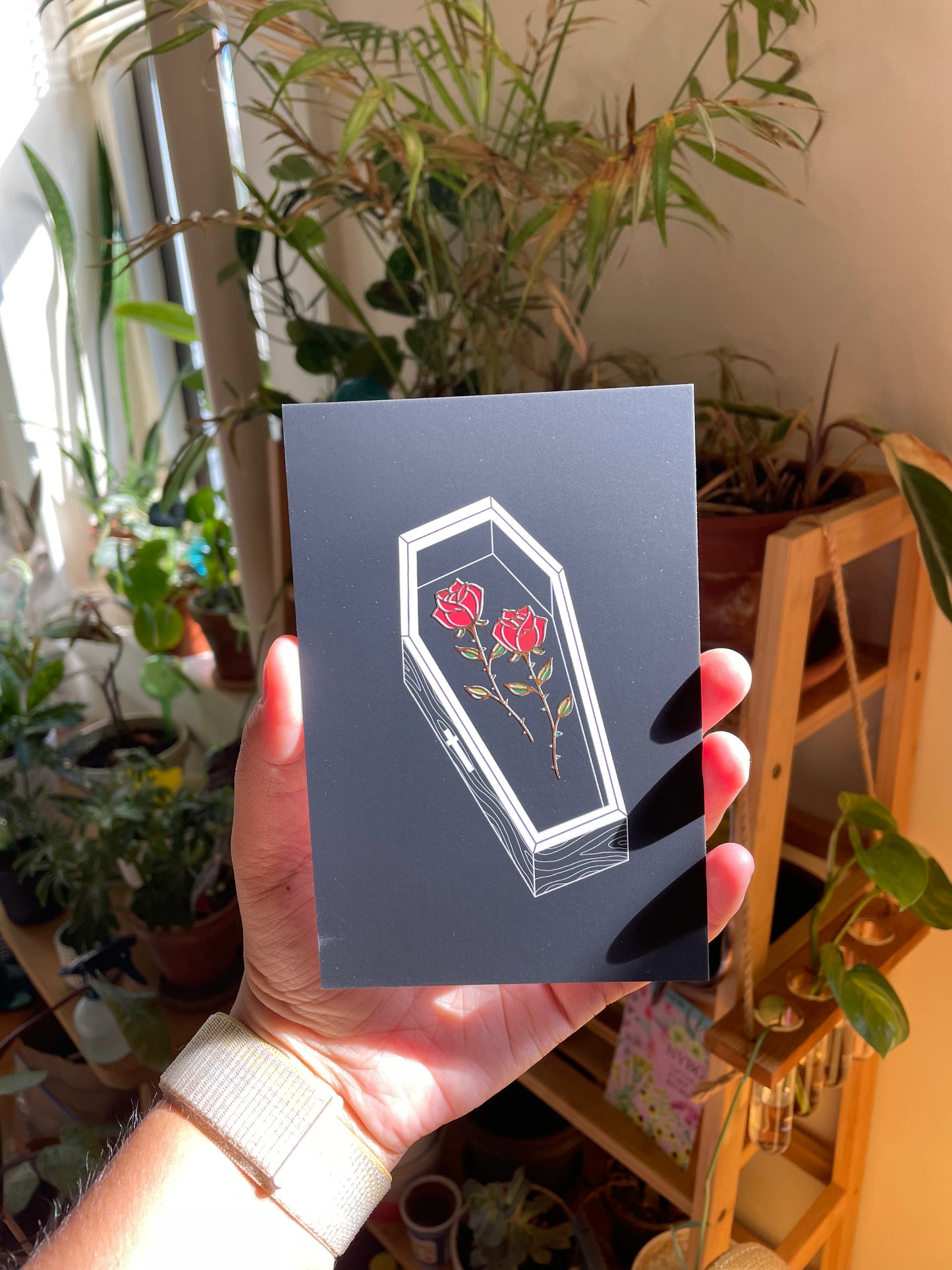 Gold Foil Coffin Postcard, Halloween Card