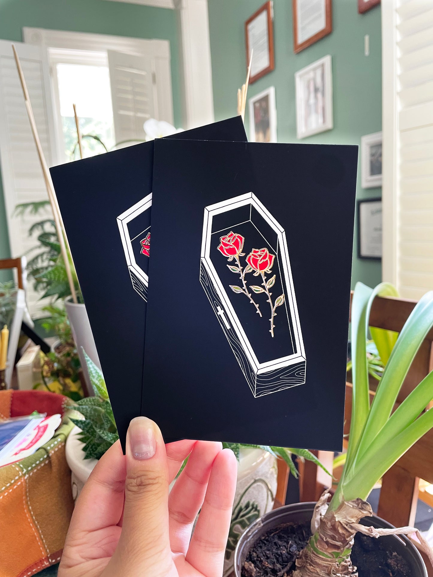 Gold Foil Coffin Postcard, Halloween Card